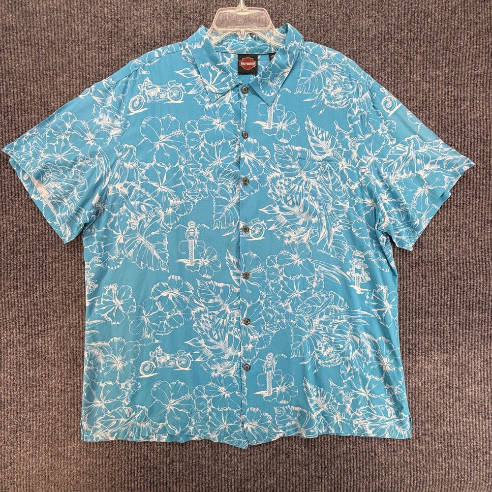 Harley Davidson Hawaiian Shirt Mens 3XL Blue Floral Motorcycle 100% Viscose USA